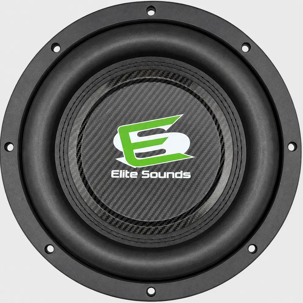 The Elite Sounds 10″ 1250 Watt Dual 4 Ohm Bagger Subwoofer features a round black design with a carbon fiber center that showcases a green E logo and the words “Elite Sounds” in white text. It is encased in a black circular mounting frame with bolt holes for easy installation.