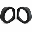 Two black, geometric, circular Nagy’s Customs Harley Davidson 8″ Sub / MidBass Mounts (1998-Present) are positioned upright facing each other on a white background.