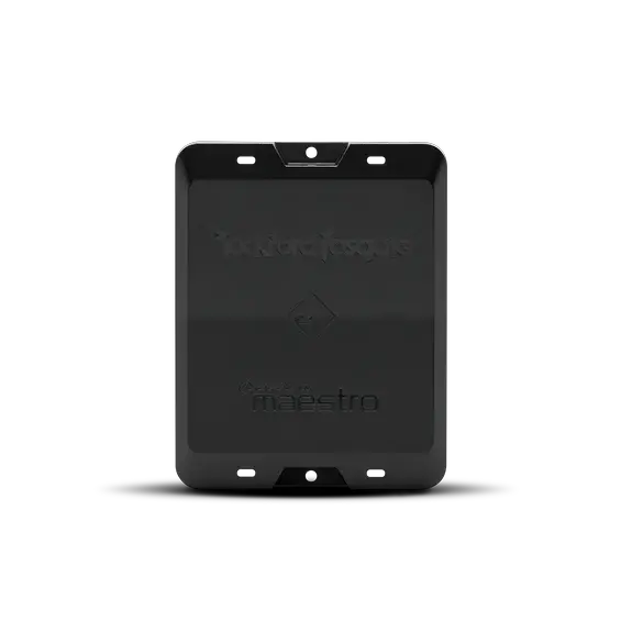A black, rectangular electronic module with rounded edges, labeled Rockford Fosgate and maestro, is shown against a plain white background. This unit is the Rockford Fosgate 8-Channel Interactive Signal Processor with Integrated iDatalink Maestro Module (DSR1), featuring multiple holes and notches for mounting and offering seamless integration with Maestro modules.