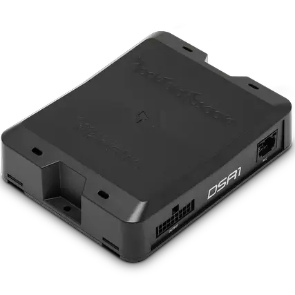 The Rockford Fosgate 8-Channel Interactive Signal Processor with Integrated iDatalink Maestro Module (DSR1) is a black, rectangular electronic device featuring multiple ports. Designed for seamless car audio integration and compatibility with Maestro integration modules, this unit rests on a white surface and works effortlessly with Rockford Fosgate’s PerfectTune software, allowing for precise audio tuning.
