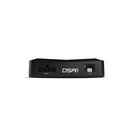 A black Rockford Fosgate 8-Channel Interactive Signal Processor with Integrated iDatalink Maestro Module (DSR1), featuring two ports—including an Ethernet port—rests on a white background. This compact DSR1 unit acts as an advanced integration module, seamlessly enhancing your audio system’s connectivity and performance.