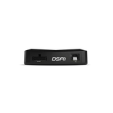 A black Rockford Fosgate 8-Channel Interactive Signal Processor with Integrated iDatalink Maestro Module (DSR1), featuring two ports—including an Ethernet port—rests on a white background. This compact DSR1 unit acts as an advanced integration module, seamlessly enhancing your audio system’s connectivity and performance.