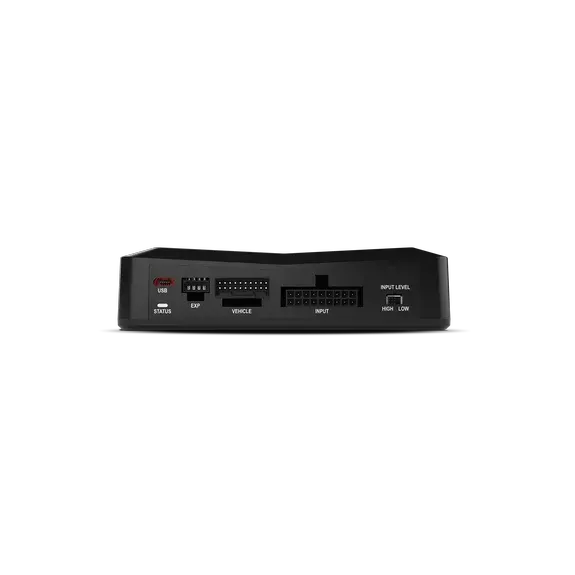 A black Rockford Fosgate 8-Channel Interactive Signal Processor with Integrated iDatalink Maestro Module (DSR1) is shown from the back, displaying multiple ports—including USB, EXP, VEHICLE, INPUT, and an input level switch labeled high/low—all designed for seamless integration with a Maestro module or Rockford Fosgate PerfectTune software. The device is set against a plain white background.