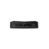 A black Rockford Fosgate 8-Channel Interactive Signal Processor with Integrated iDatalink Maestro Module (DSR1) is shown from the back, displaying multiple ports—including USB, EXP, VEHICLE, INPUT, and an input level switch labeled high/low—all designed for seamless integration with a Maestro module or Rockford Fosgate PerfectTune software. The device is set against a plain white background.