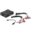A Rockford Fosgate 8-Channel Interactive Signal Processor with Integrated iDatalink Maestro Module (DSR1), shown in black, is displayed alongside a USB cable and multiple colorful audio and power cables with assorted connectors, all arranged on a white background.