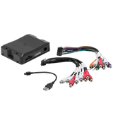 A Rockford Fosgate 8-Channel Interactive Signal Processor with Integrated iDatalink Maestro Module (DSR1), shown in black, is displayed alongside a USB cable and multiple colorful audio and power cables with assorted connectors, all arranged on a white background.