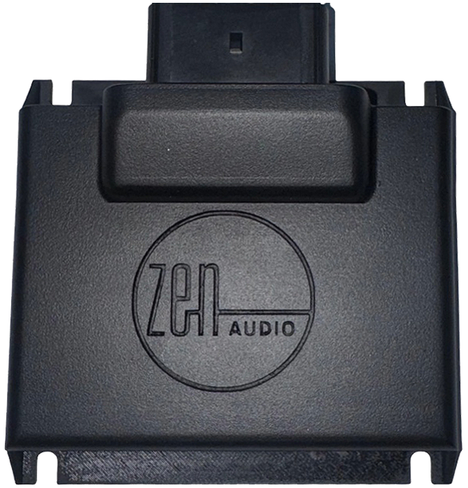 A black rectangular device labeled Zen Audio, the NAV-TV ZEN-H PRO | Harley-Davidson A2B Audio Interface features a port at the top and a smooth, minimalist design, enabling seamless Harley-Davidson amplifier integration while supporting advanced 8-channel DSP functionality.