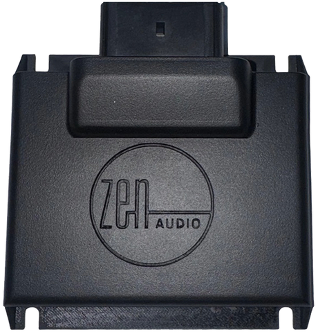 A black rectangular device labeled Zen Audio, the NAV-TV ZEN-H PRO | Harley-Davidson A2B Audio Interface features a port at the top and a smooth, minimalist design, enabling seamless Harley-Davidson amplifier integration while supporting advanced 8-channel DSP functionality.