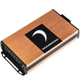 A compact, rectangular device with a brushed copper finish features a sleek black rectangle adorned with a crescent design and the Diamond Audio logo. Several ports line one side, highlighting its functionality as the Diamond Audio MICRO1V2—a high-performance 1-channel monoblock Class D amplifier from the MICROV2 Series, engineered to deliver precise power to subwoofers.