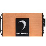 A copper-colored rectangular Diamond Audio 1-Channel MICROV2 Series Monoblock Class D Amplifier (MICRO1V2) features a black center panel with a silver crescent and the word “DIAMOND” beneath it. Connectors are visible on the right side, emphasizing its sleek design and high-performance as a premium Class D amplifier for subwoofers.