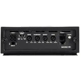 A close-up of the Diamond Audio 1-Channel MICROV2 Series Monoblock Class D Amplifier (MICRO1V2) panel shows input and power connections, control knobs for sensitivity, subsonic, boost, frequency adjustments, a remote port, and a power switch.