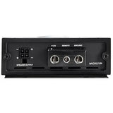 The image displays the rear view of the Diamond Audio 1-Channel MICROV2 Series Monoblock Class D Amplifier (MICRO1V2), highlighting the labeled ports: speaker output, +12V, remote, and ground, as well as screw terminals and a connector.