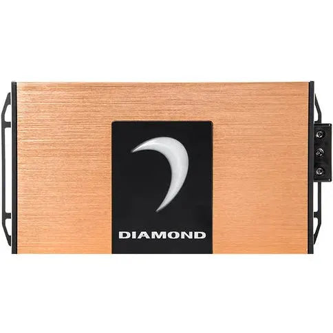 A copper-colored Diamond Audio MICRO2V2 from the MICROV2 Series, this 2-Channel Full Range Class D Amplifier features a black and white crescent logo with the word “DIAMOND” below it. The compact car audio amplifier has black edge panels and connection ports located on the right side.