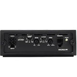 Front view of the Diamond Audio 2-Channel MICROV2 Series Full Range Class D Amplifier (MICRO2V2) displaying input ports, adjustment knobs for sensitivity, crossover, and frequency, along with various setting switches. The panel is clearly labeled with the model name MICRO2V2.