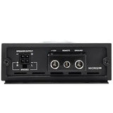 Rear view of a Diamond Audio 2-Channel MICROV2 Series Full Range Class D Amplifier (MICRO2V2), a compact car audio amplifier, showing speaker output terminals as well as power, remote, and ground input connections.