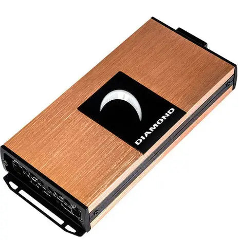 The Diamond Audio MICRO4V2, a 4-channel MICROV2 Series full range Class D amplifier, features a rectangular design with a brushed copper finish, black edges, and a distinctive black panel displaying a white crescent and the word “DIAMOND.” This compact car amplifier is ideal for sleek installations, offering multiple ports on one end.