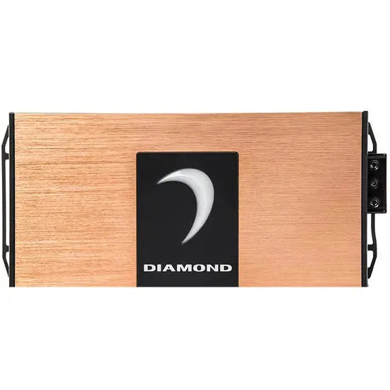 A rectangular, copper-colored Diamond Audio 4-Channel MICROV2 Series Full Range Class D amplifier (MICRO4V2) with black edges and a black center panel displaying a white curved claw logo above the word “DIAMOND.” This compact car audio amplifier also features visible connectors on the right side.
