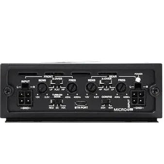 The Diamond Audio 4-Channel MICROV2 Series Full Range Class D Amplifier – MICRO4V2 features multiple control knobs, labeled ports, and switches for input, crossover, sensitivity, frequency, and power along its rear connection panel.