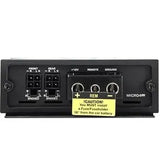 Rear view of the Diamond Audio 4-Channel MICROV2 Series Full Range Class D Amplifier (MICRO4V2) by Diamond Audio, featuring connection ports for front and rear speakers, power, remote, and ground, along with a yellow caution label advising installation of a fuse within 18 inches of the car battery.