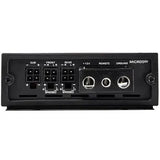 Rear view of the Diamond Audio MICRO5V2 5-Channel Full Range Class D Amplifier by Diamond Audio, displaying clearly labeled speaker wire terminals and connections for power, ground, remote, subwoofer, front and rear channels, as well as 12V input. This Class D amplifier is engineered for versatile connectivity and efficient performance.
