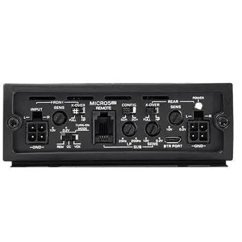 Close-up of the Diamond Audio MICRO5V2 5-Channel Full Range Class D Amplifier’s control panel, displaying various input, output, crossover, sensitivity, and power connection ports along with adjustment knobs.