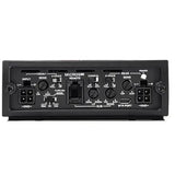 Close-up of the Diamond Audio MICRO5V2 5-Channel Full Range Class D Amplifier’s control panel, displaying various input, output, crossover, sensitivity, and power connection ports along with adjustment knobs.