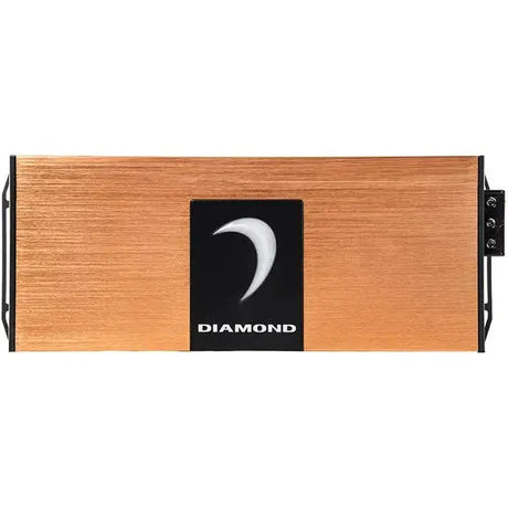 The Diamond Audio MICRO5V2 5-Channel Full Range Class D Amplifier features a rectangular design with a copper-colored body and black end panels. At the center, a black label displays a white crescent shape above the word “DIAMOND,” signifying its Diamond Audio branding. As a full range amplifier, its connection terminals are visible on the right side.