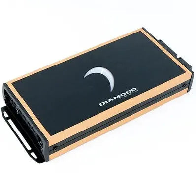 A black and gold Diamond Audio MICRO81U monoblock Class D subwoofer amplifier, featuring a crescent moon motif and the word “DIAMOND” on top, is photographed at an angle. This striking unit from Diamond Audio pairs bold aesthetics with high-performance audio power.