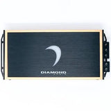 The Diamond Audio MICRO81U Monoblock Class D Subwoofer Amplifier features a sleek black and gold design with a crescent-shaped logo prominently displayed in the center and “DIAMOND AUDIO” text beneath it. Connection terminals are positioned on the right side, highlighting both its stylish appearance and efficiency for high-performance audio setups from Diamond Audio.