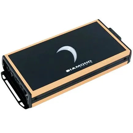 The Diamond Audio 2-Channel MICRO8U Series Full Range Class D Amplifier (MICRO82U) is a sleek black and tan electronic device featuring a crescent moon design and the word “DIAMOND” on its top surface. This high power car audio amplifier offers convenient portability with ports on one side and a handle-like structure at one end, making it both stylish and functional for your audio setup.