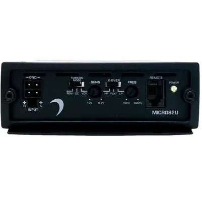 Front view of the Diamond Audio 2-Channel MICRO8U Series Full Range Class D Amplifier (MICRO82U) in black, displaying input and remote ports, adjustment knobs for sensitivity, crossover, and frequency, as well as indicator lights labeled Power and Micro82U. This Diamond Audio amplifier is engineered to deliver maximum performance and precision control for your car audio system.