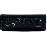 Front view of the Diamond Audio 2-Channel MICRO8U Series Full Range Class D Amplifier (MICRO82U) in black, displaying input and remote ports, adjustment knobs for sensitivity, crossover, and frequency, as well as indicator lights labeled Power and Micro82U. This Diamond Audio amplifier is engineered to deliver maximum performance and precision control for your car audio system.