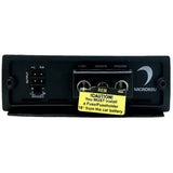 The back of the Diamond Audio 2-Channel MICRO8U Series Full Range Class D Amplifier (MICRO82U) displays output ports, power terminals, and a yellow caution label advising the installation of a fuse or fuse holder within 18 inches of the vehicle’s battery.