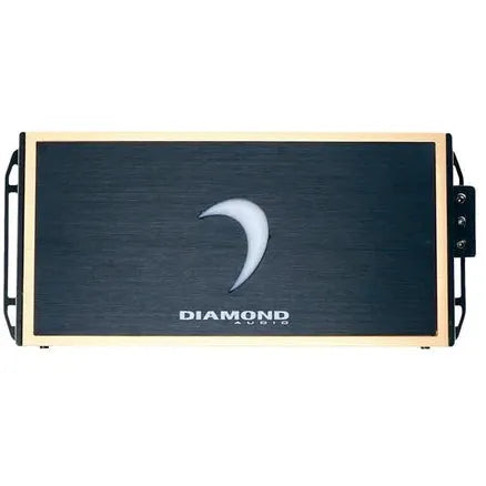 The Diamond Audio MICRO8U Series MICRO82U 2-Channel Full Range Class D Amplifier features a sleek black front panel accented with gold trim, a distinctive crescent-shaped logo at the center, and convenient control ports on the right side. Designed by Diamond Audio, this high-power amplifier delivers outstanding performance and style to elevate your car audio experience.