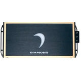 The Diamond Audio MICRO8U Series MICRO82U 2-Channel Full Range Class D Amplifier features a sleek black front panel accented with gold trim, a distinctive crescent-shaped logo at the center, and convenient control ports on the right side. Designed by Diamond Audio, this high-power amplifier delivers outstanding performance and style to elevate your car audio experience.