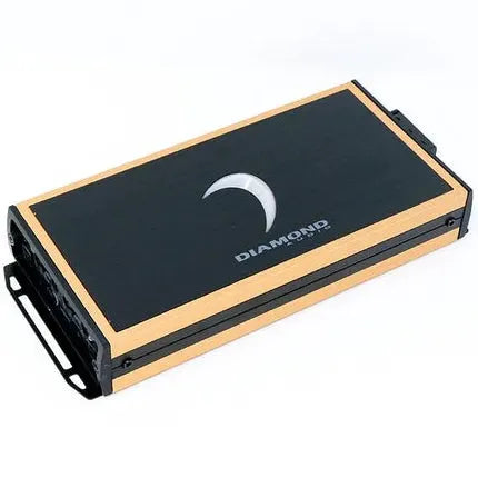 A black and gold rectangular electronic device labeled DIAMOND with a crescent moon logo on top, featuring a handle on one side, the Diamond Audio MICRO84U 4-Channel Full Range Class D Amplifier is a compact amplifier designed for premium marine audio applications.