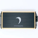 The Diamond Audio MICRO84U 4-Channel Full Range Class D Amplifier is a rectangular black and gold electronic device featuring a crescent-shaped logo and “DIAMOND audio” text on its front panel when viewed from above. Designed by Diamond Audio for marine audio applications, this amplifier delivers both stylish aesthetics and robust performance.