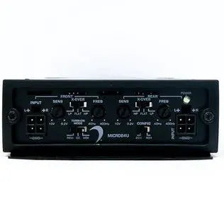 A close-up of the front panel of the Diamond Audio MICRO84U 4-Channel Full Range Class D Amplifier by Diamond Audio displays input ports, a power indicator, control knobs, and clearly labeled adjustment switches for sensitivity, crossover, and frequency.