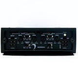 A close-up of the front panel of the Diamond Audio MICRO84U 4-Channel Full Range Class D Amplifier by Diamond Audio displays input ports, a power indicator, control knobs, and clearly labeled adjustment switches for sensitivity, crossover, and frequency.