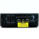 A black Diamond Audio MICRO84U 4-Channel Full Range Class D Amplifier, featuring clearly labeled output ports and terminals. A yellow caution label advises installing a fuse or fuse holder 18″ from the car battery, making this Diamond Audio amplifier suitable for both car and marine audio applications.