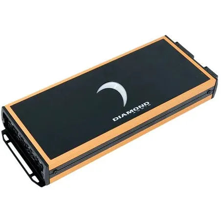 An angled top view of the Diamond Audio MICRO5U 5-Channel Full Range Class D amplifier, featuring a rectangular black and gold design with a crescent moon logo and the word “DIAMOND” on top.