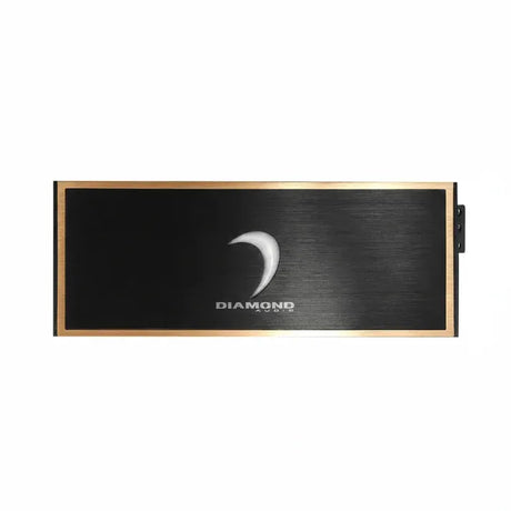 Rectangular black and gold electronic device with a metallic finish, featuring a crescent-shaped logo and the word DIAMOND in the center, this 8-channel amplifier delivers exceptional sound quality and power.