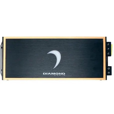 Rectangular black and gold Diamond Audio MICRO5U 5-Channel Full Range Class D Amplifier, featuring a crescent moon logo and DIAMOND AUDIO text on the front panel, viewed from above.