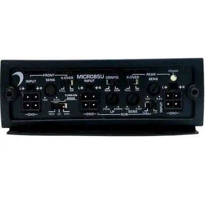 Front view of the Diamond Audio MICRO5U 5-Channel Full Range Class D Amplifier panel, displaying input/output ports, configuration switches, and various labeled controls for crossover, sensitivity, and power.
