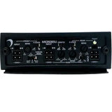 Front view of the Diamond Audio MICRO5U 5-Channel Full Range Class D Amplifier panel, displaying input/output ports, configuration switches, and various labeled controls for crossover, sensitivity, and power.