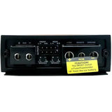 Rear view of the Diamond Audio MICRO5U 5-Channel Full Range Class D Amplifier showing terminals for subwoofer, front, rear speakers, 12V power, remote, and ground connections, plus a yellow caution label advising installation of a fuse near the car battery.
