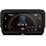 A Rockford Fosgate Infotainment Source Unit for Select 2014-2023 Harley-Davidson Models (PMX-HD14) displays a song titled “GETTIN BY” by Evan The Dude playing via Bluetooth, featuring album art, playback controls, and a time progress bar at 1:32. Enjoy seamless plug-and-play installation and effortless connectivity—just like setting up Apple CarPlay or upgrading your motorcycle’s audio system with Rockford Fosgate.