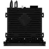 The Rockford Fosgate Infotainment Source Unit for Select 2014-2023 Harley-Davidson Models PMX-HD14 is a black electronic device designed by Rockford Fosgate for plug-and-play installation, featuring multiple cables and connectors on the top, shown from the front against a light background.