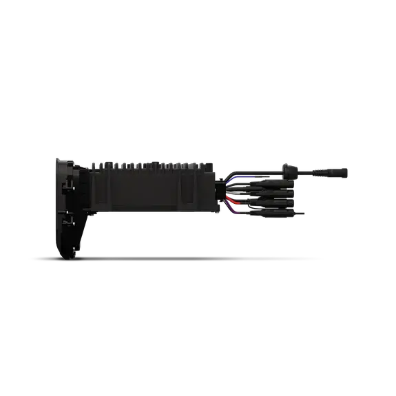 Side view of the Rockford Fosgate Infotainment Source Unit for Select 2014-2023 Harley-Davidson Models (PMX-HD14), a black rectangular electronic device featuring multiple colored wires and connected cables extending from the right side, designed by Rockford Fosgate for motorcycle audio systems with plug-and-play installation, set against a plain light background.
