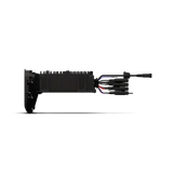 Side view of the Rockford Fosgate Infotainment Source Unit for Select 2014-2023 Harley-Davidson Models (PMX-HD14), a black rectangular electronic device featuring multiple colored wires and connected cables extending from the right side, designed by Rockford Fosgate for motorcycle audio systems with plug-and-play installation, set against a plain light background.
